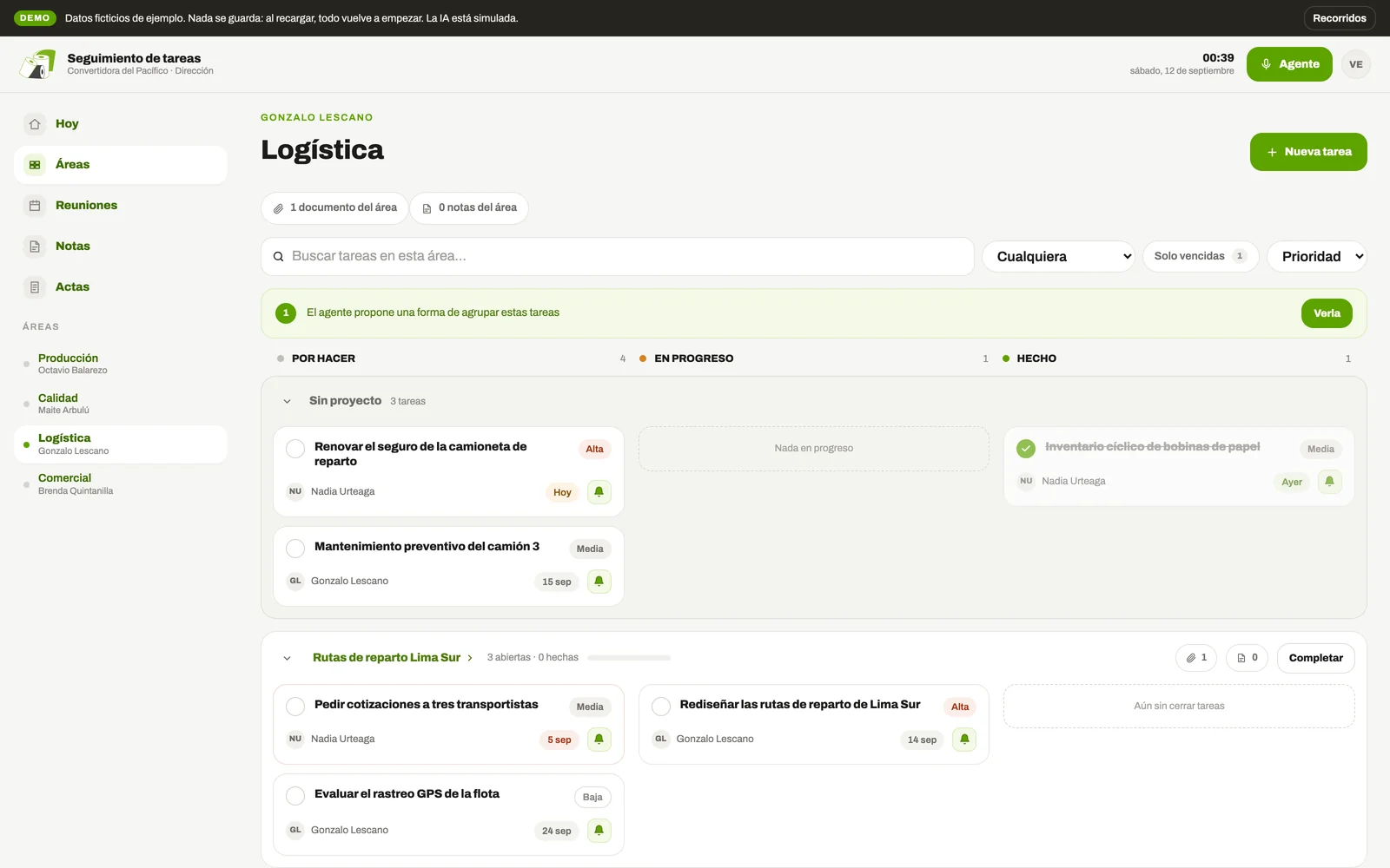 The Logística board in the demo: tasks to do, in progress and done, with owners, due dates and priorities, grouped by project, and the agent's proposed grouping waiting for approval