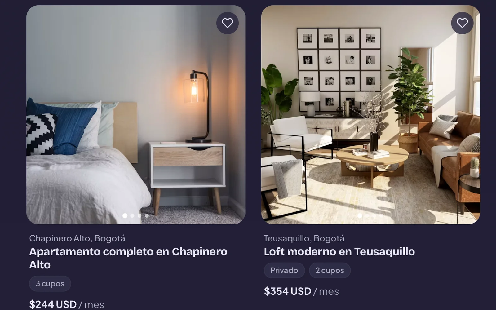 Cooliving room search: two listings in Bogotá, a full apartment in Chapinero Alto and a loft in Teusaquillo, with photos, spots available and monthly prices