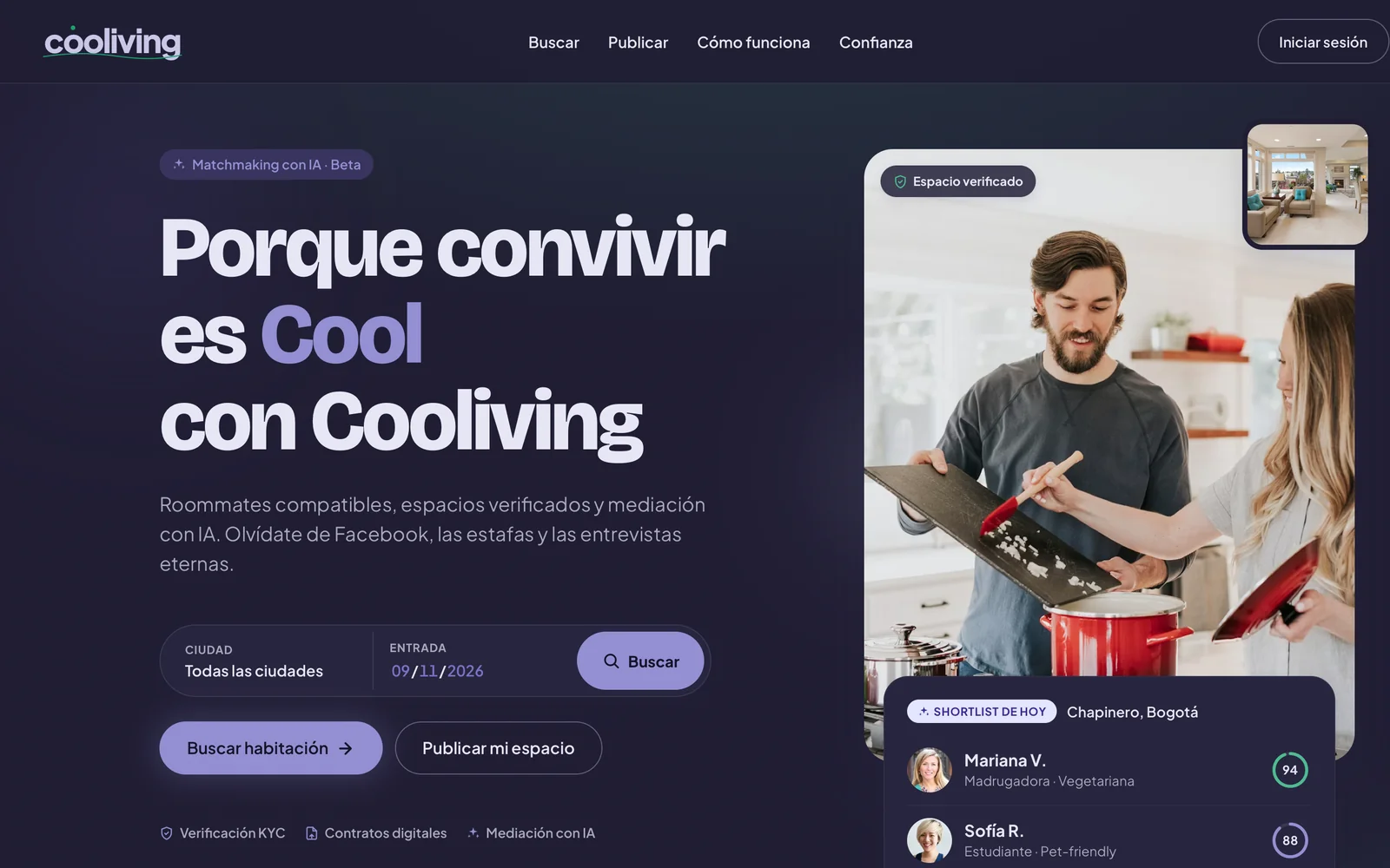 The Cooliving landing page: the headline Porque convivir es Cool con Cooliving, a city and date search, and a shortlist of roommates ranked by affinity